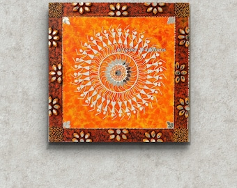 Dipinto di danza tribale Warli con bordo a specchio in stile Lippan, decorazione per la casa in India