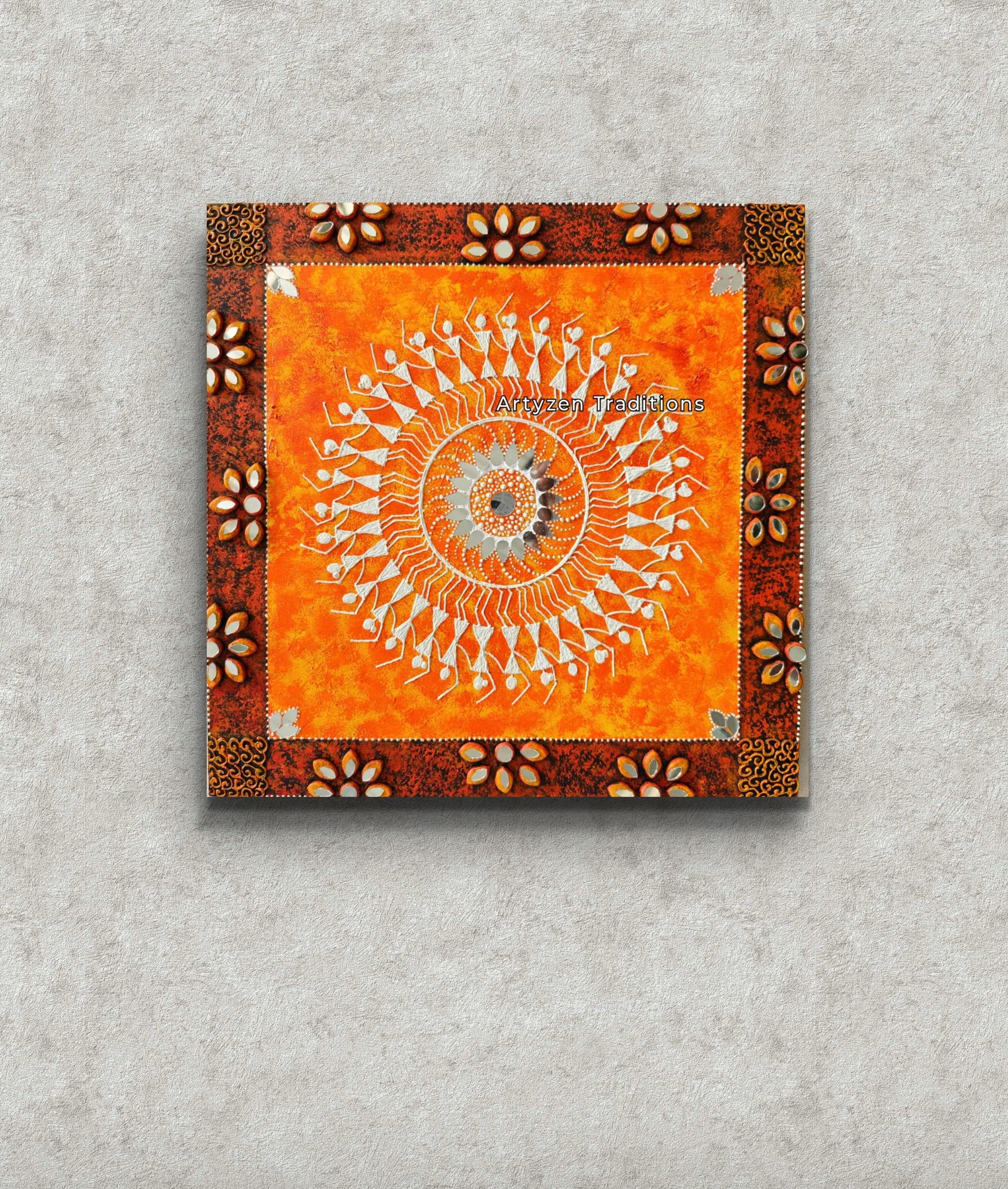 Warli Tribal Dance Painting With Lippan Art Mirror Border: India