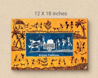 Dipinto Warli con texture terrosa, raffigurante la vita di un villaggio, originale su tela tesa in 3D, arte popolare tribale.