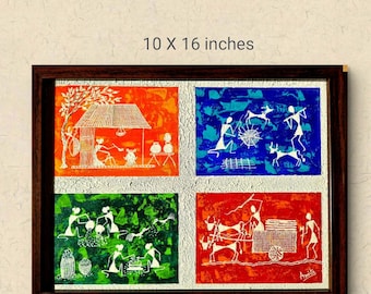 Dipinto di arte popolare Warli, raffigurante la vita di un villaggio indiano, su tela testurizzata (40x25 cm)