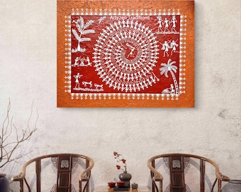 Warli Tribal Dance Painting: Handmade Textured Canvas Art, Indian Folk Decor (18x14 inch)