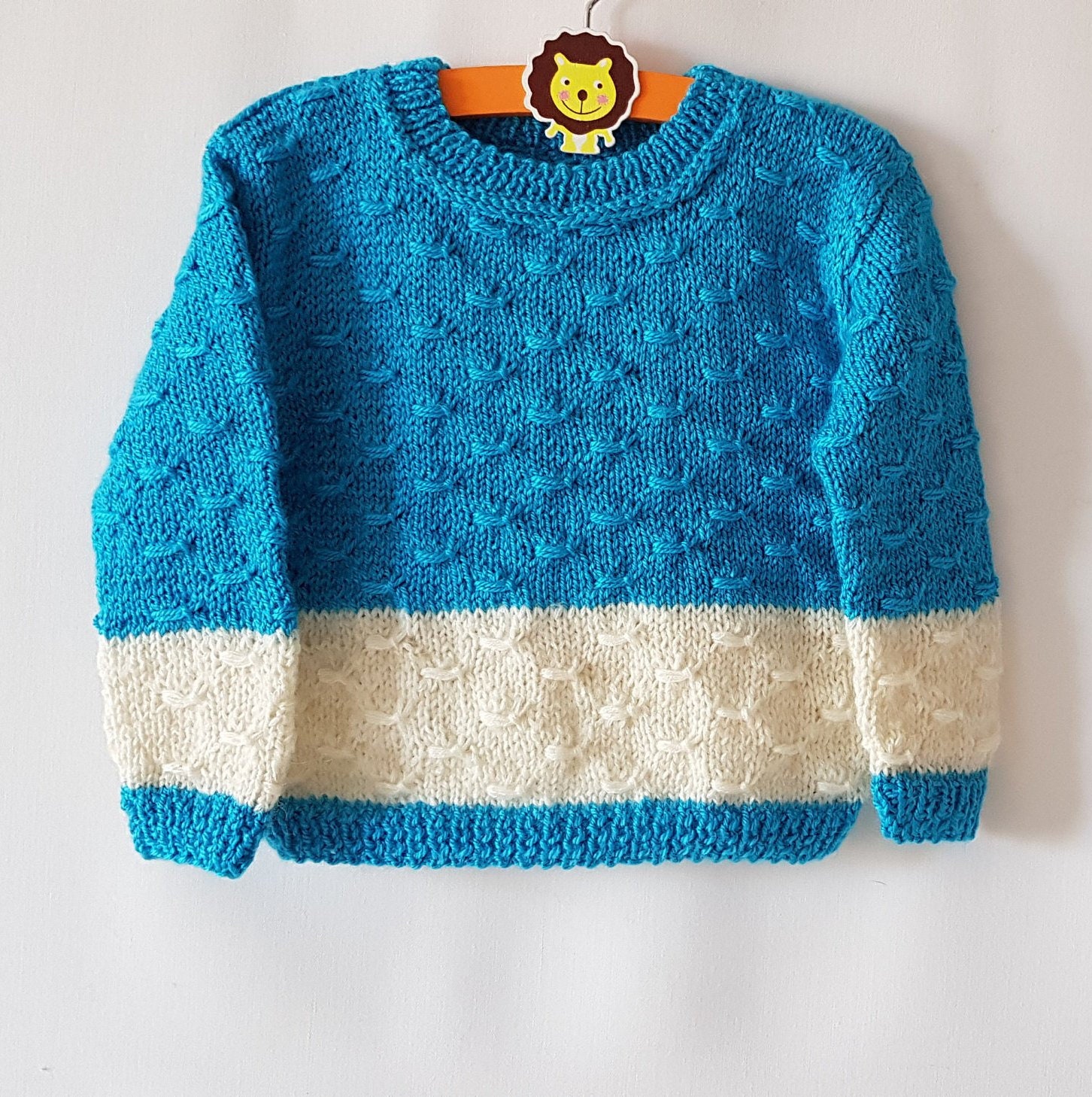 Hand Knitted Blue Sweater With White Stripe - Etsy