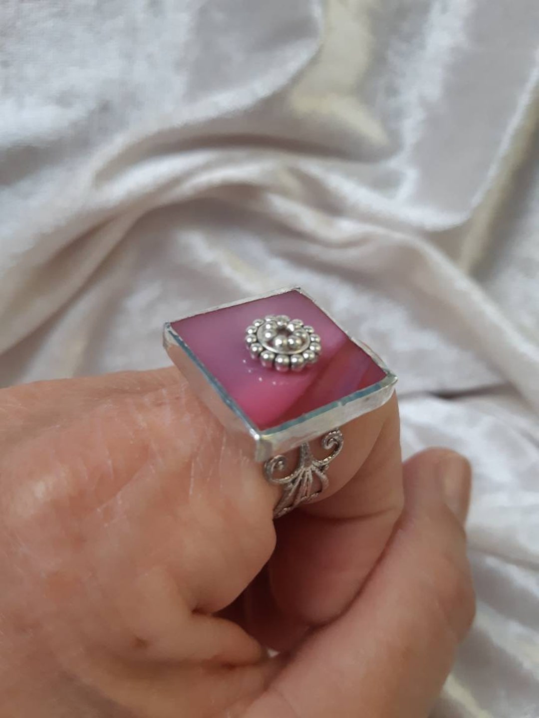 Pink Stained Glass Ring, Pink Glass Ring, Adjustable Pink Stained Glass Ring, Pink Stained Glass