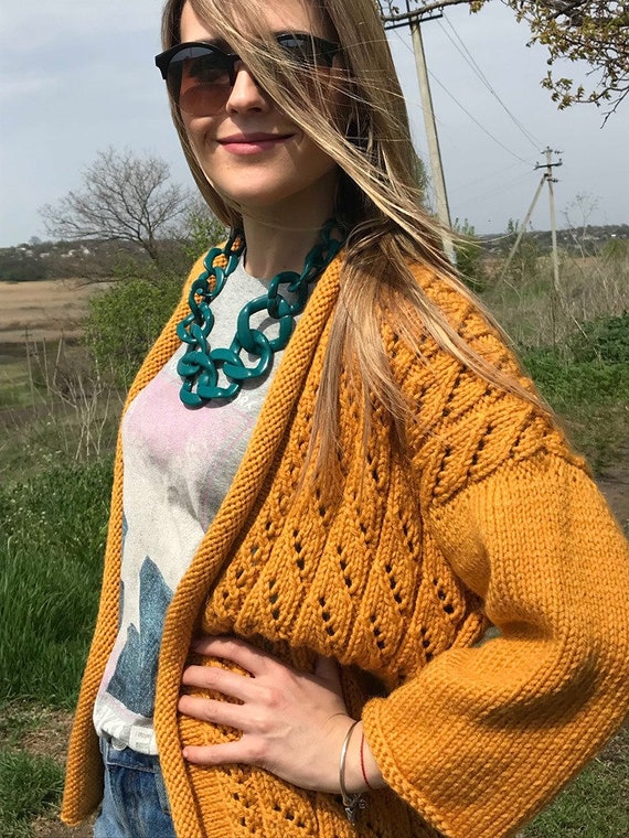 GrannyUnstoppable Open Front Short Cardigan | Cozy Hand Knitted Jacket | Mustard Custom Made Sweater | Elegant Thick Sweater, Many Colors, XS, S, M, L Sizes