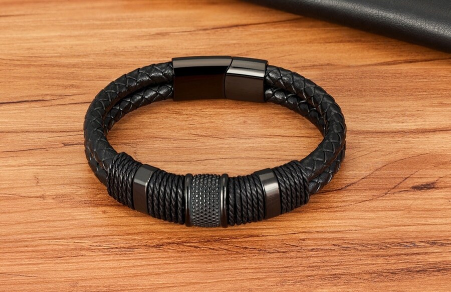 Black Genuine Leather Men's Bracelet - Etsy