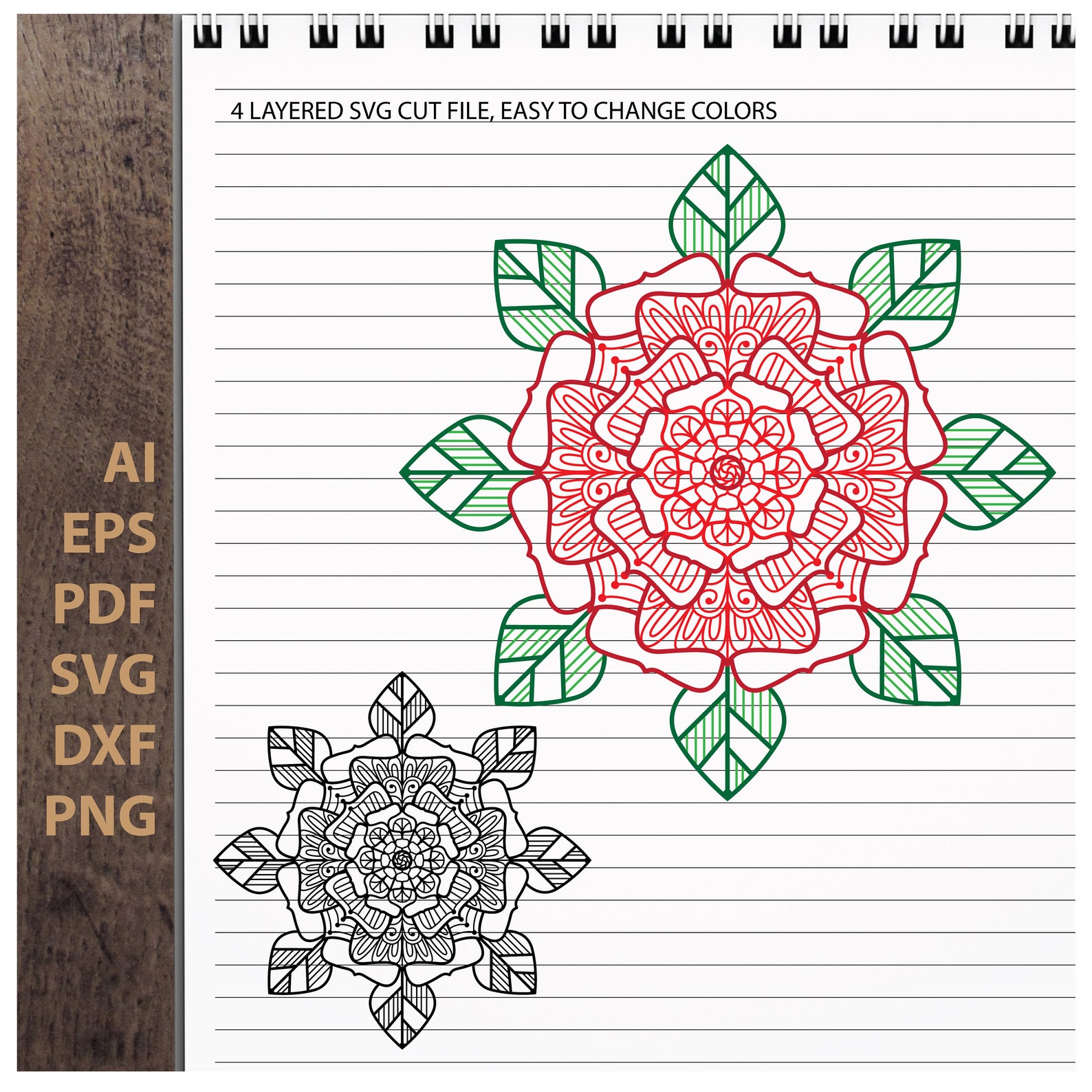 Download Zentangle rose flower 4 layered Mandala Digital download ...