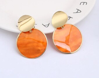 Gold Orange Geometric Round Disk Clip On Natural Shell Vintage 80s Style Glamour Earrings Womens Women Blogger Party Jewellery