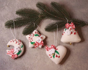 PATTERN Crochet Christmas ornaments | Crochet Holiday & Christmas tree decorations: heart, star, moon, bell