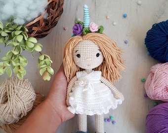 MODELLO: bambola unicorno all'uncinetto / giocattolo unicorno / bambola Amigurumi / bambola carina all'uncinetto / bambola con cornice all'uncinetto / ragazza bambola Amigurumi