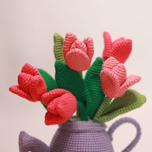 Crochet tulips in watering can PATTERN Amigurumi Crochet Pattern for a flower Crochet spring flower image 4