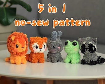 No Sew Crochet Pattern, Amigurumi animals : Lion Bunny Frog Fox Raccoon - 5 in 1 PDF