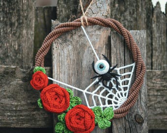 Crochet Halloween Wreath PATTERN | Amigurumi  | Spider on Roses | decorative flower