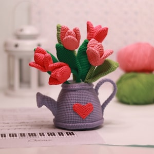 Crochet tulips in watering can PATTERN Amigurumi Crochet Pattern for a flower Crochet spring flower image 3