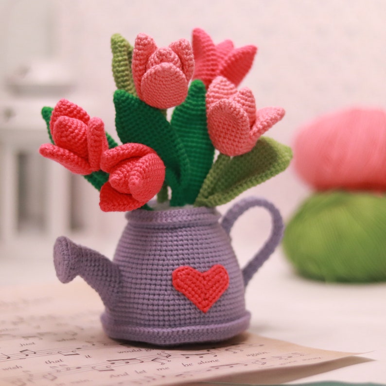 Crochet tulips in watering can PATTERN Amigurumi Crochet Pattern for a flower Crochet spring flower image 6