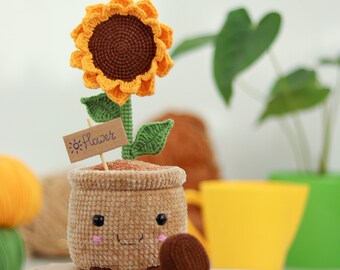 ぞうとひまわりの鉢植え あみぐるみ かぎ針編みの鉢植えのひまわりのパターン | あみぐるみ | ひまわりの