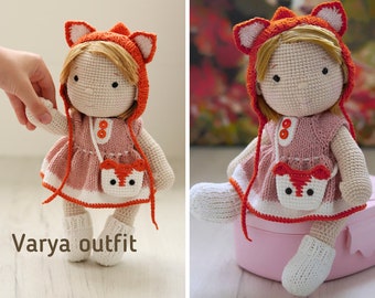 Knitting pattern outfit for doll . Fox Costume For Baby Varya . Crochet clothes for toy, amigurumi pattern pdf.