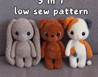 Low sew Crochet PATTERN: Cat , Bunny , Bear - bundle 3 in 1
