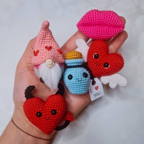 PATTERN: Crochet keychain | Valentine's day amigurumi pattern | Heart  | Gnome | Lips | Love potion bottle | 5 in 1 bundle