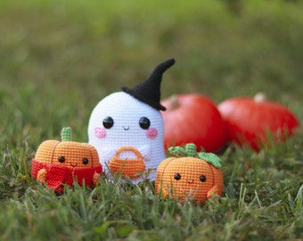 かぎ針編みのハロウィンかぼちゃとゴーストのパターン | Amigurumi