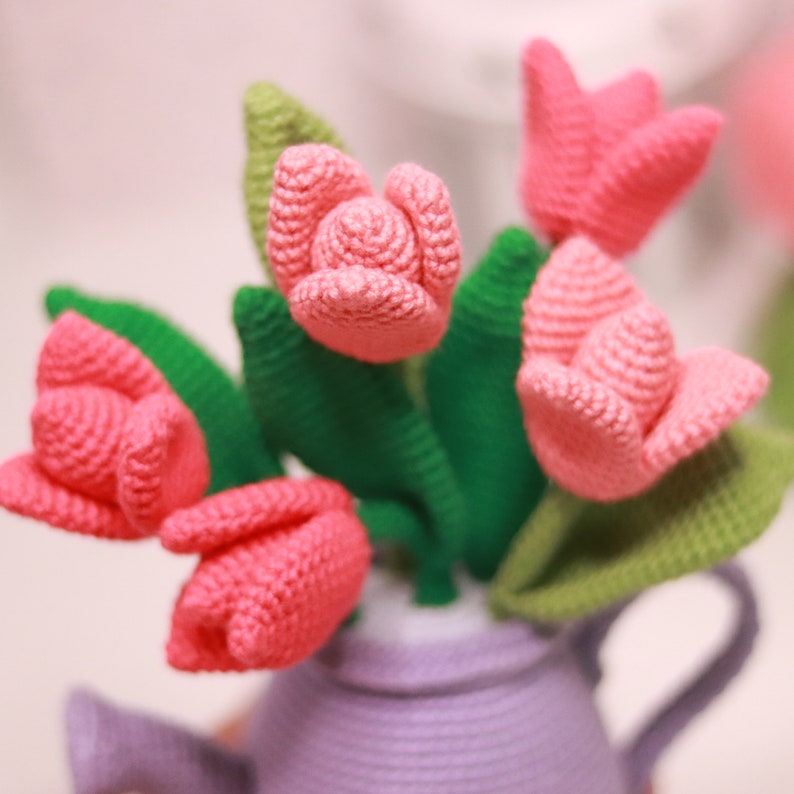Crochet tulips in watering can PATTERN Amigurumi Crochet Pattern for a flower Crochet spring flower image 7
