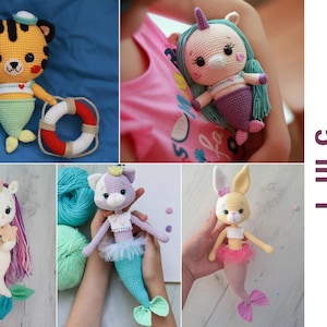 Puede incluir: Un conjunto de cinco patrones de crochet amigurumi de sirena. Los patrones incluyen un tigre, un unicornio, un gato, un conejo y un unicornio. Los patrones están disponibles en paquete.