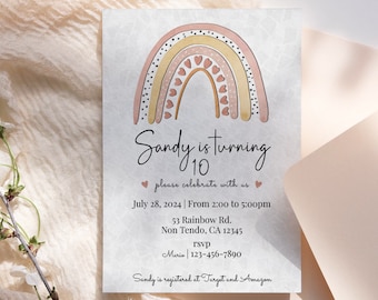 May include: A rainbow-themed birthday invitation with a pink and yellow rainbow with hearts, the text "Sandy is turning 10", and details for the party, including the date, time, address, and RSVP information.