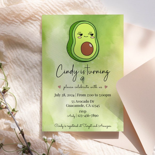 Shady Avocado Birthday Invitation Template, Green Avocado, Shady Avocado Invite, Printable Avocado Invite, Editable
