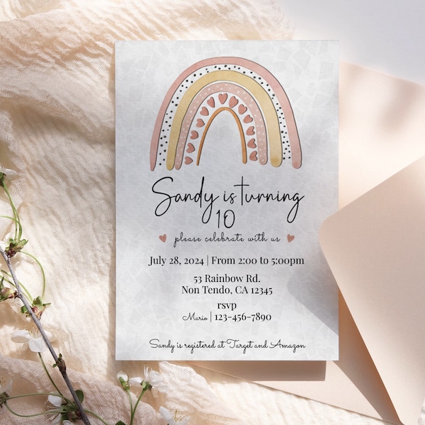 Boho Rainbow Birthday Invitation Template, Boho Rainbow, Boho Rainbow Invite, Printable Rainbow Invite, Editable