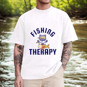Grappig visserij-T-shirt | Zen Fisherman T-shirt 'Fishing Therapy' | Cadeau voor papa | Shirt cartoon vissen | Ontspannend vissershumorcadeau |