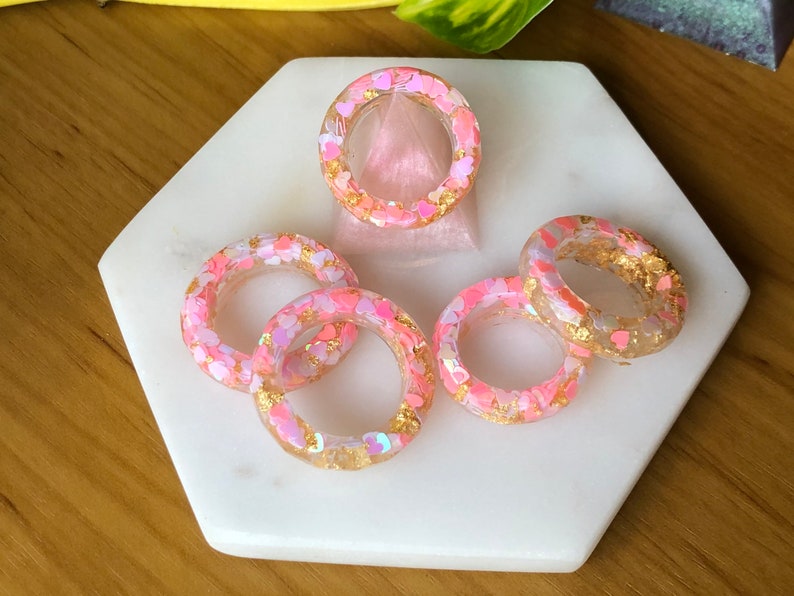Resin Rings Pink and Gold Love heart resin Stackable Rings Gold Leaf Resin