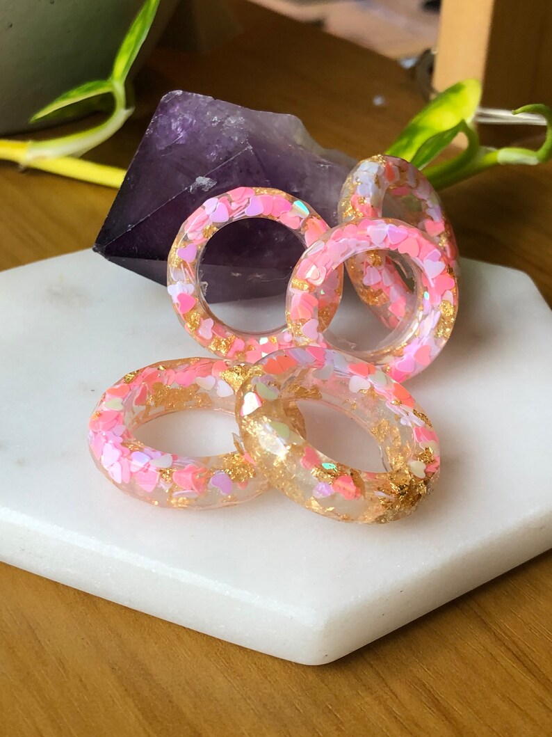 Resin Rings Pink and Gold Love heart resin Stackable Rings Gold Leaf Resin