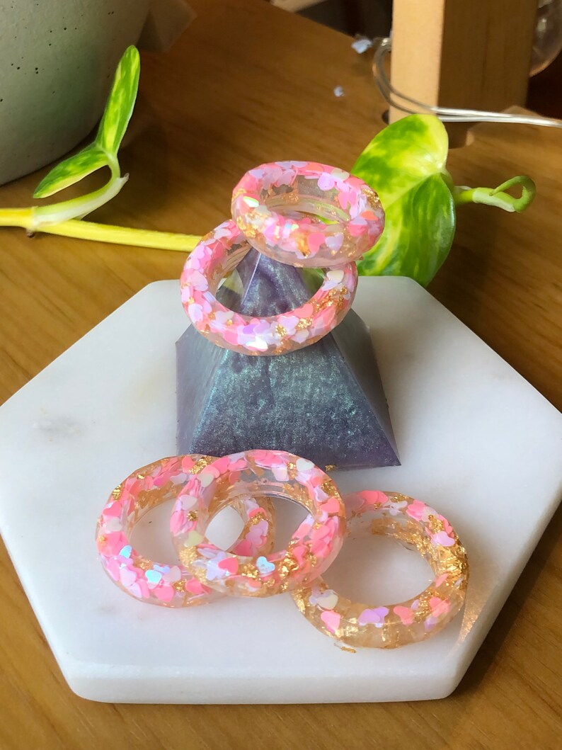 Resin Rings Pink and Gold Love heart resin Stackable Rings Gold Leaf Resin