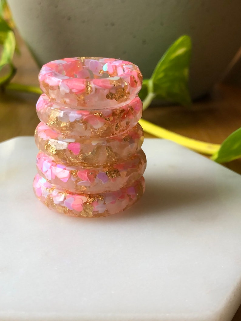 Resin Rings Pink and Gold Love heart resin Stackable Rings Gold Leaf Resin