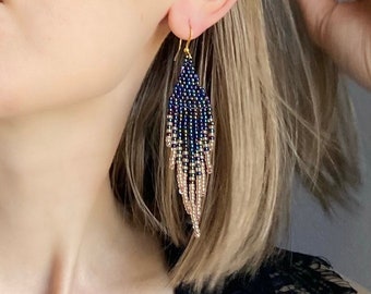 Long fringe bead earrings Statement earrings Unique earrings Navy blue dangle beaded earrings Dangly earrings Boho earrings
