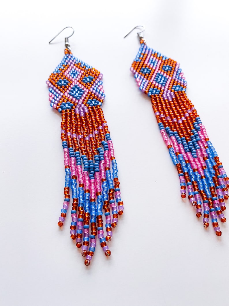 Native American style long beaded earrings boho orange fringe earrings perfect gift for mom