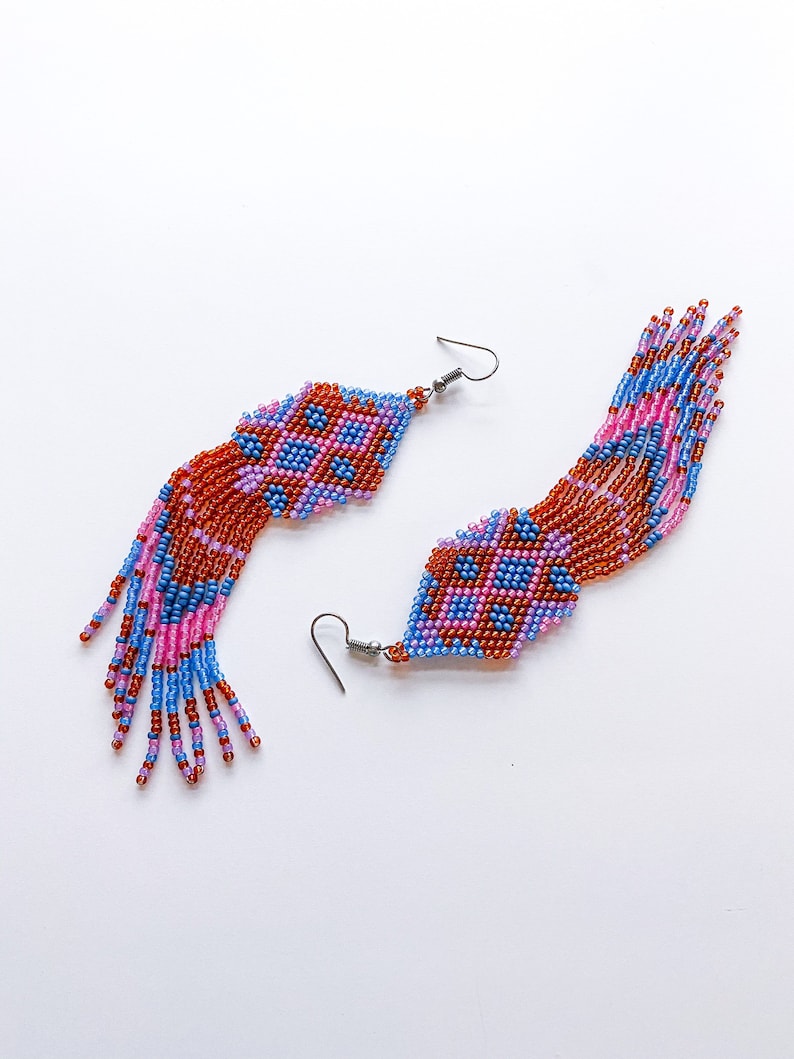 Native American style long beaded earrings boho orange fringe earrings perfect gift for mom