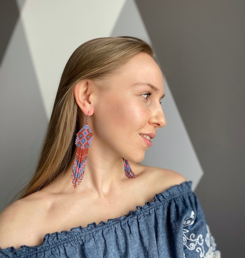 Native American style long beaded earrings boho orange fringe earrings perfect gift for mom