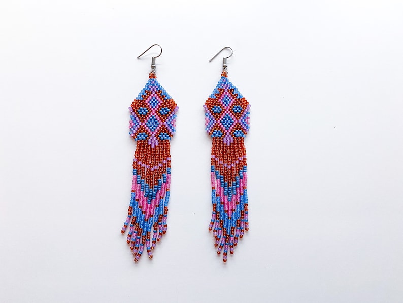 Native American style long beaded earrings boho orange fringe earrings perfect gift for mom
