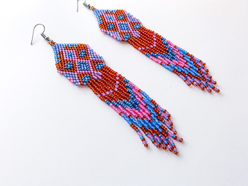 Native American style long beaded earrings boho orange fringe earrings perfect gift for mom