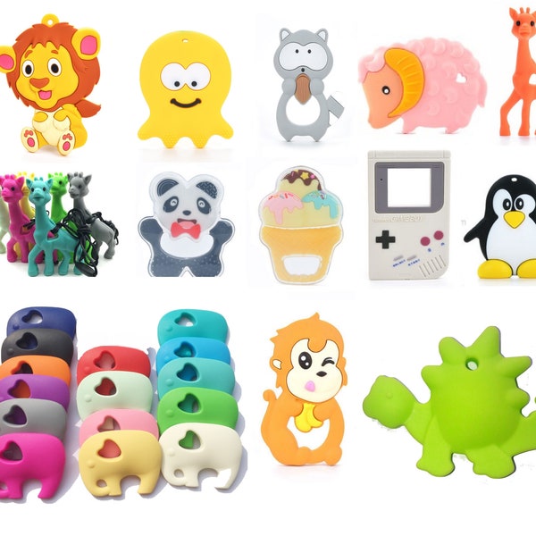 Baby Teether Pendants Chewelry for DIY Handcrafted Teething Accessories Toys Chew Ice Cream Elephant Raccoon Dinosaur Monkey Penguin