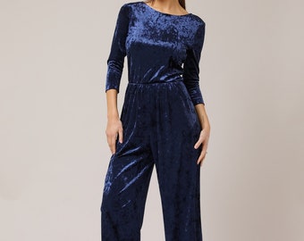 Navy blue jumpsuit, velvet jumpsuit, party jumpsuit, cocktail jumpsuit, Wide Leg Jumpsuit, Backless Jumpsuit Pre-made Size S