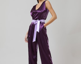 Combinaison femme, combinaison en satin, fête d'été, combinaison ample prune, prête à être expédiée, taille S