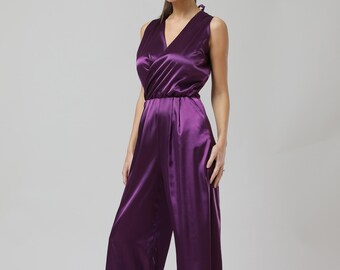 Combinaison femme, combinaison en satin, combinaison ample, combinaison soyeuse, combinaison de fête, combinaison d'été préfabriquée prune, taille S