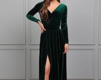 Velvet Dress Bridesmaid Dress Evening Dress Long Sleeve Dress Slit Dress Formal Dress, Dark Green Dress Size 16, Pre-made