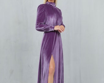 Evening Dress Velvet Dress Wedding Guest Dress A Line Dress Slit Dress Party Dress Cocktail Dress Violet Long Sleeve Pre Made Size Small