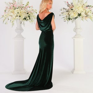 Wedding Dress Green Velvet Train Dress, Cowl Back Sleeveless Dress Size S Ready to ship