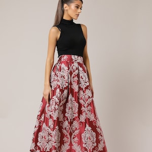 Burgundy skirt, formal skirt, reception skirt, High Waist Skirt, Jacquard Skirt With Pleats Pre-made skirt, Size S