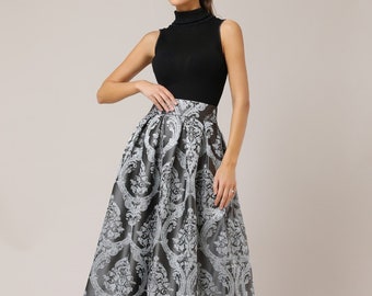 Midi skirt, khaki skirt, high waist skirt, jacquard skirt, party skirt, with pockets women skirt, pre-made Size S
