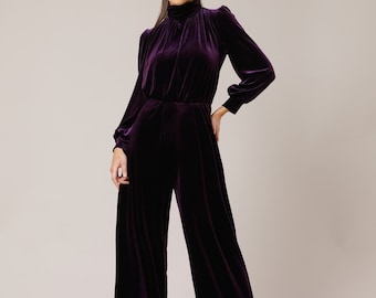 Velvet plum jumpsuit, long sleeve wide leg overalls, bishop sleeve backless formal jumpsuit, Ready To Ship Size S