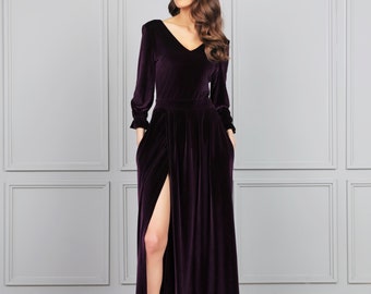Formal Dress Velvet Maxi Dress Party Dress Long Sleeve Slit Dress, Pre Made Size S